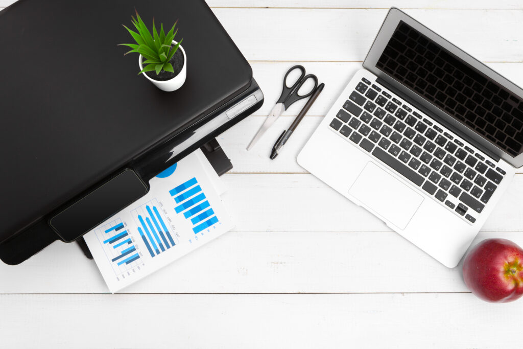 printer and computer office table top view 2025 02 24 14 55 43 utc